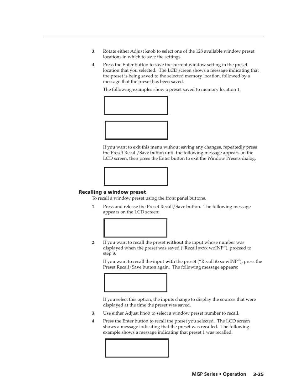 Recalling a window preset, Recalling a window preset -25, Preliminar y | Extron Electronics MGP 462xi Series User Manual | Page 47 / 146