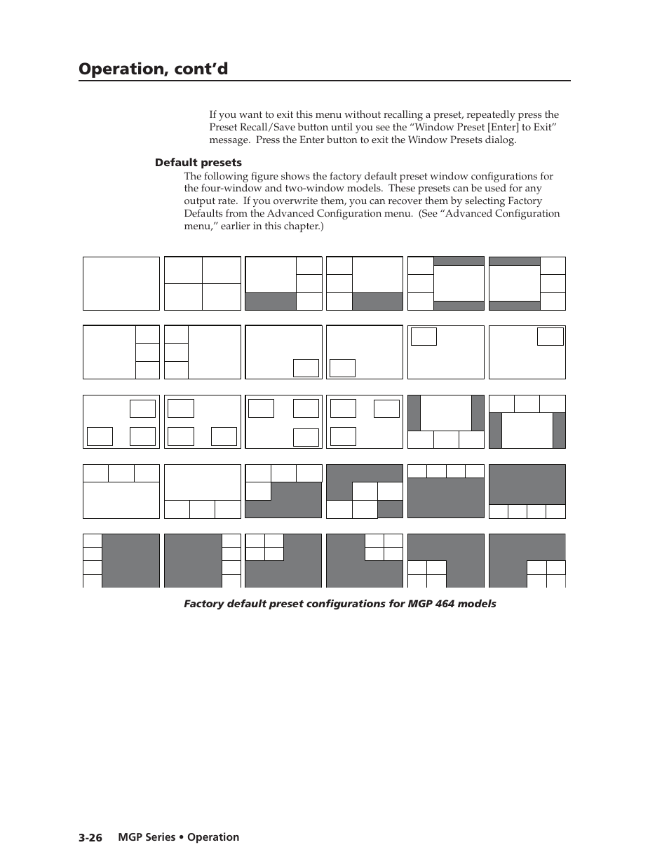 Default presets, Default presets -26, Preliminar y | Operation, cont’d, Mgp series • operation 3-26 | Extron Electronics MGP 462xi Series User Manual | Page 48 / 146