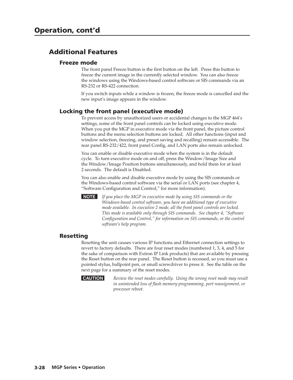 Additional features, Freeze mode, Locking the front panel (executive mode) | Resetting, Locking the front panel (executive mode), Preliminar y, Operation, cont’d | Extron Electronics MGP 462xi Series User Manual | Page 50 / 146