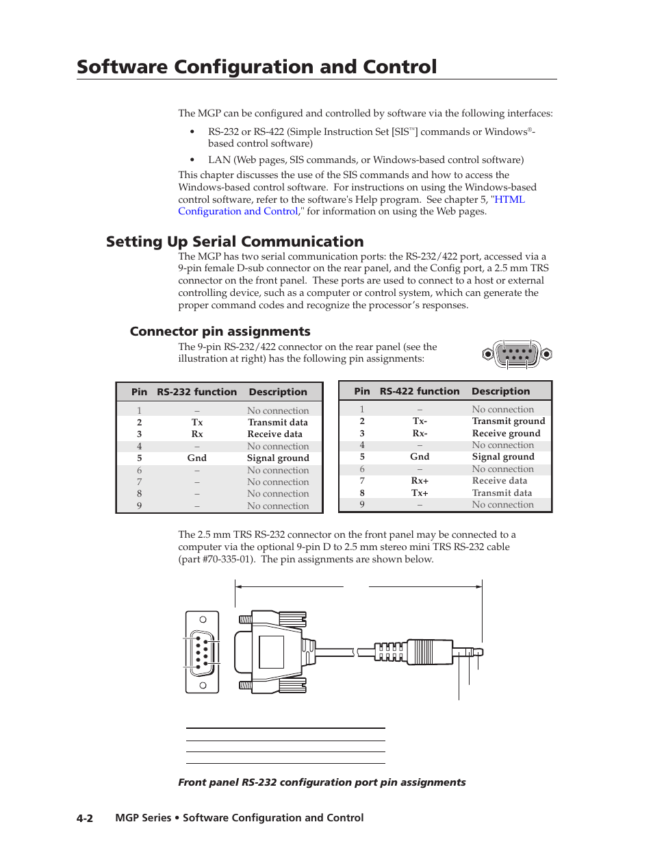 Setting up serial communication, Connector pin assignments, Connector pin assignments | Preliminar y, Software configuration and control | Extron Electronics MGP 462xi Series User Manual | Page 54 / 146