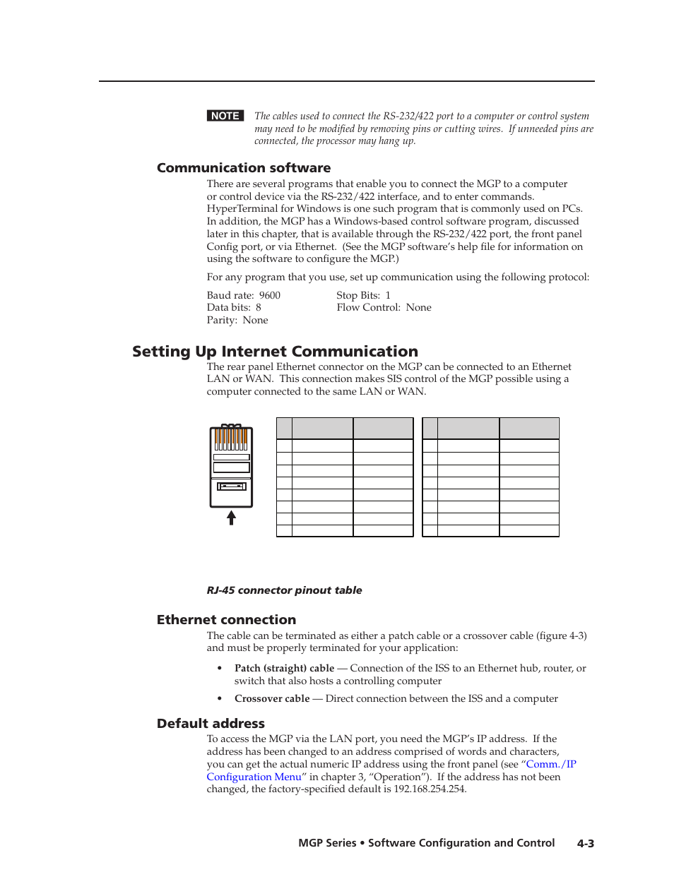 Communication software, Setting up internet communication, Ethernet connection | Default address, Communication software, Preliminar y | Extron Electronics MGP 462xi Series User Manual | Page 55 / 146