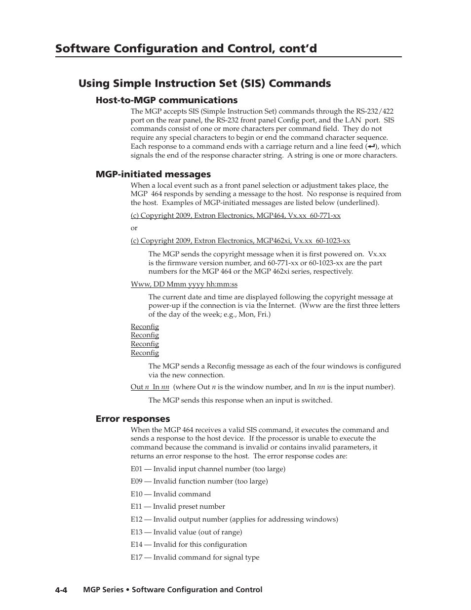 Using simple instruction set (sis) commands, Host-to-mgp communications, Mgp-initiated messages | Error responses, Mgp-initiated messages, Preliminar y, Software configuration and control, cont’d | Extron Electronics MGP 462xi Series User Manual | Page 56 / 146