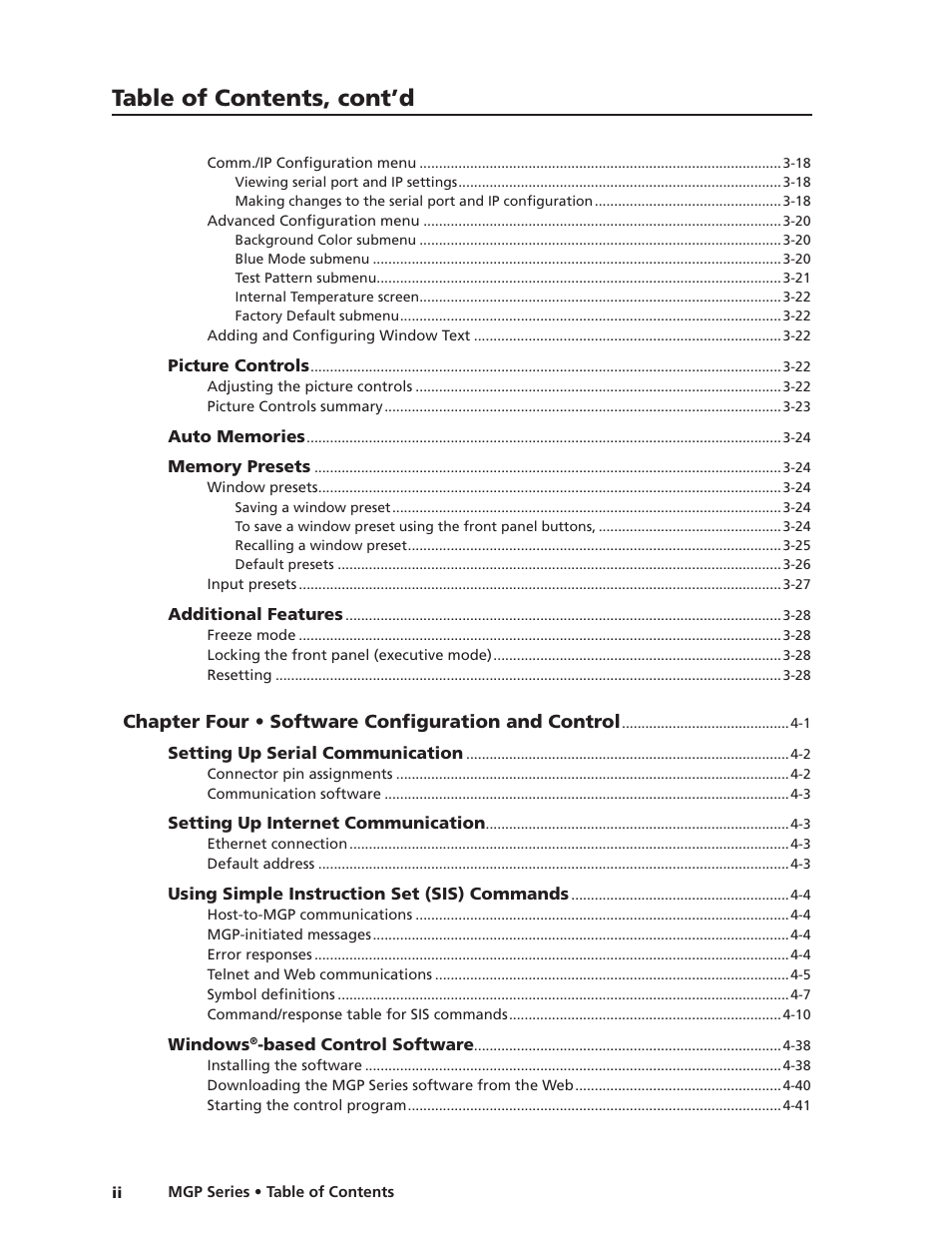 Preliminar y, Table of contents, cont’d | Extron Electronics MGP 462xi Series User Manual | Page 6 / 146