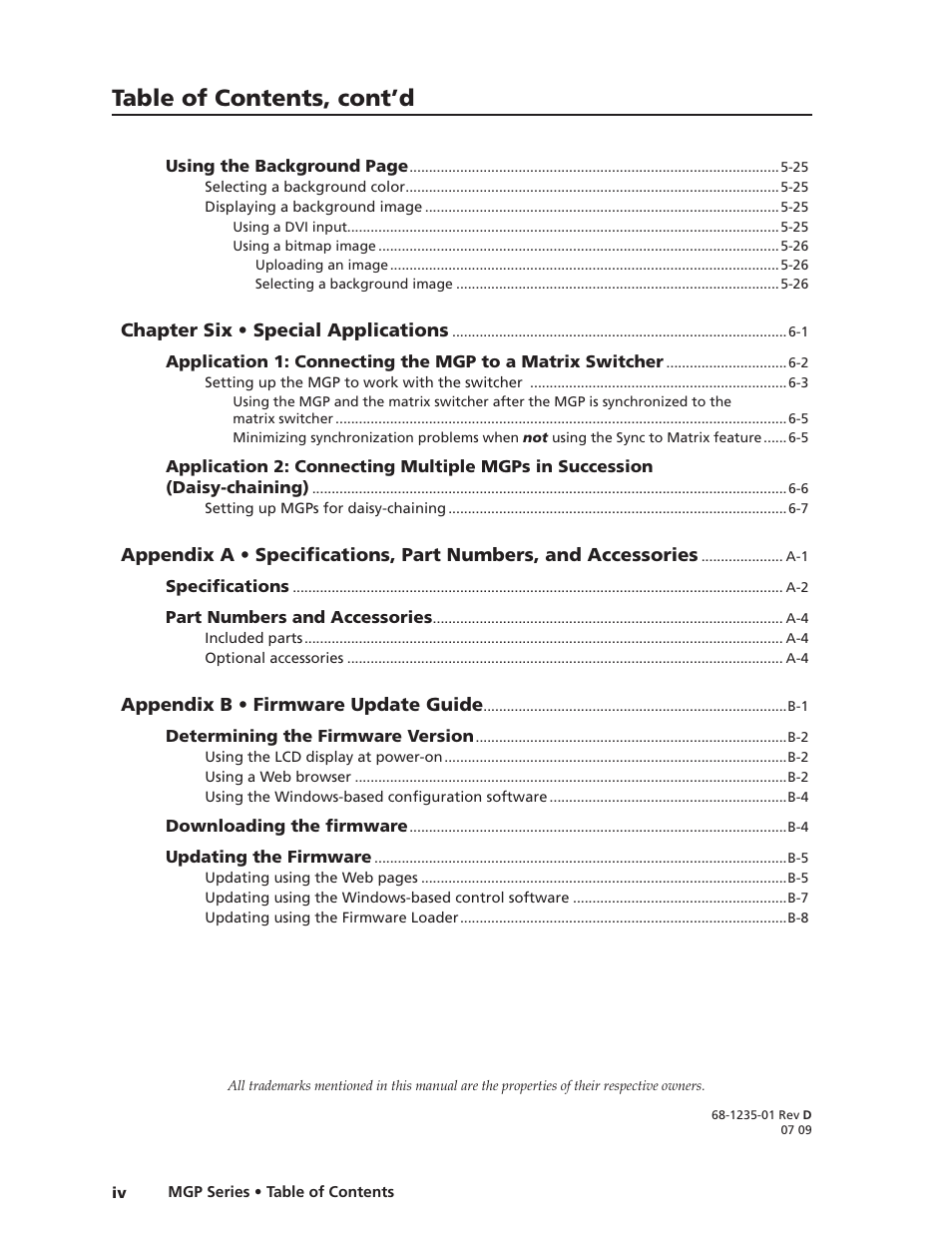 Preliminar y, Table of contents, cont’d | Extron Electronics MGP 462xi Series User Manual | Page 8 / 146