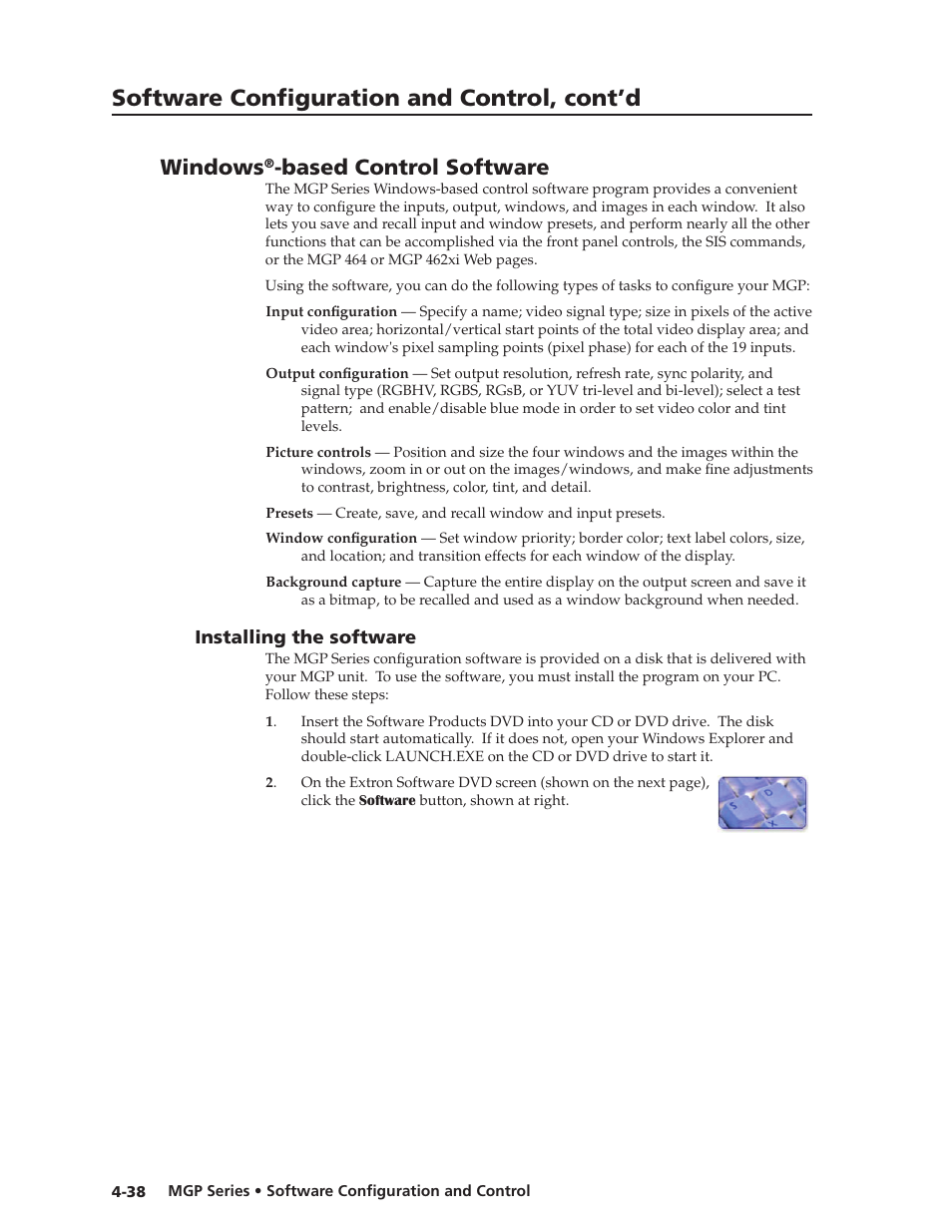 Windows®-based control software, Installing the software, Windows | Based control software, Installing the software, Preliminar y, Software configuration and control, cont’d | Extron Electronics MGP 462xi Series User Manual | Page 90 / 146