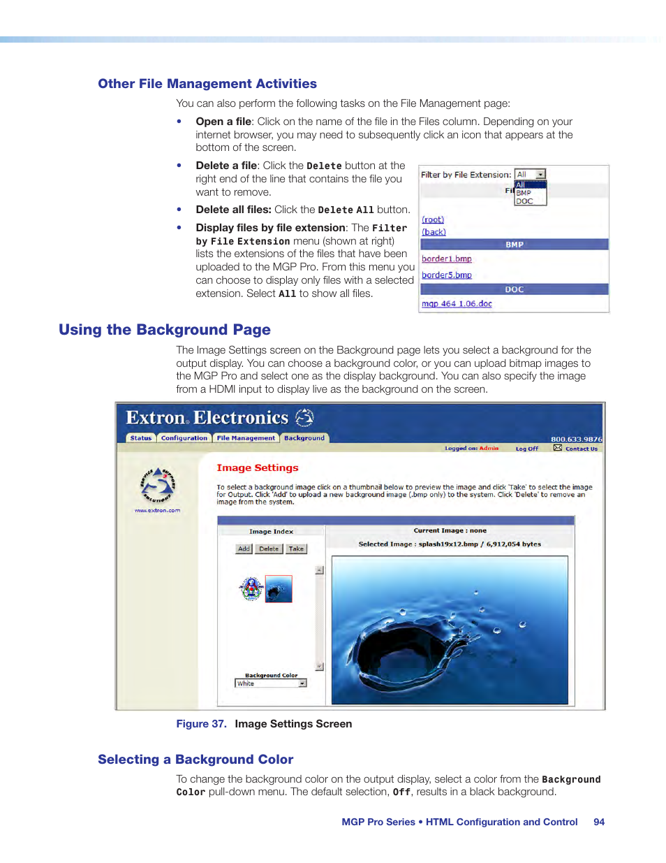 Other file management activities, Selecting a background color, Using the background page | Extron Electronics MGP Pro Series User Guide User Manual | Page 100 / 123