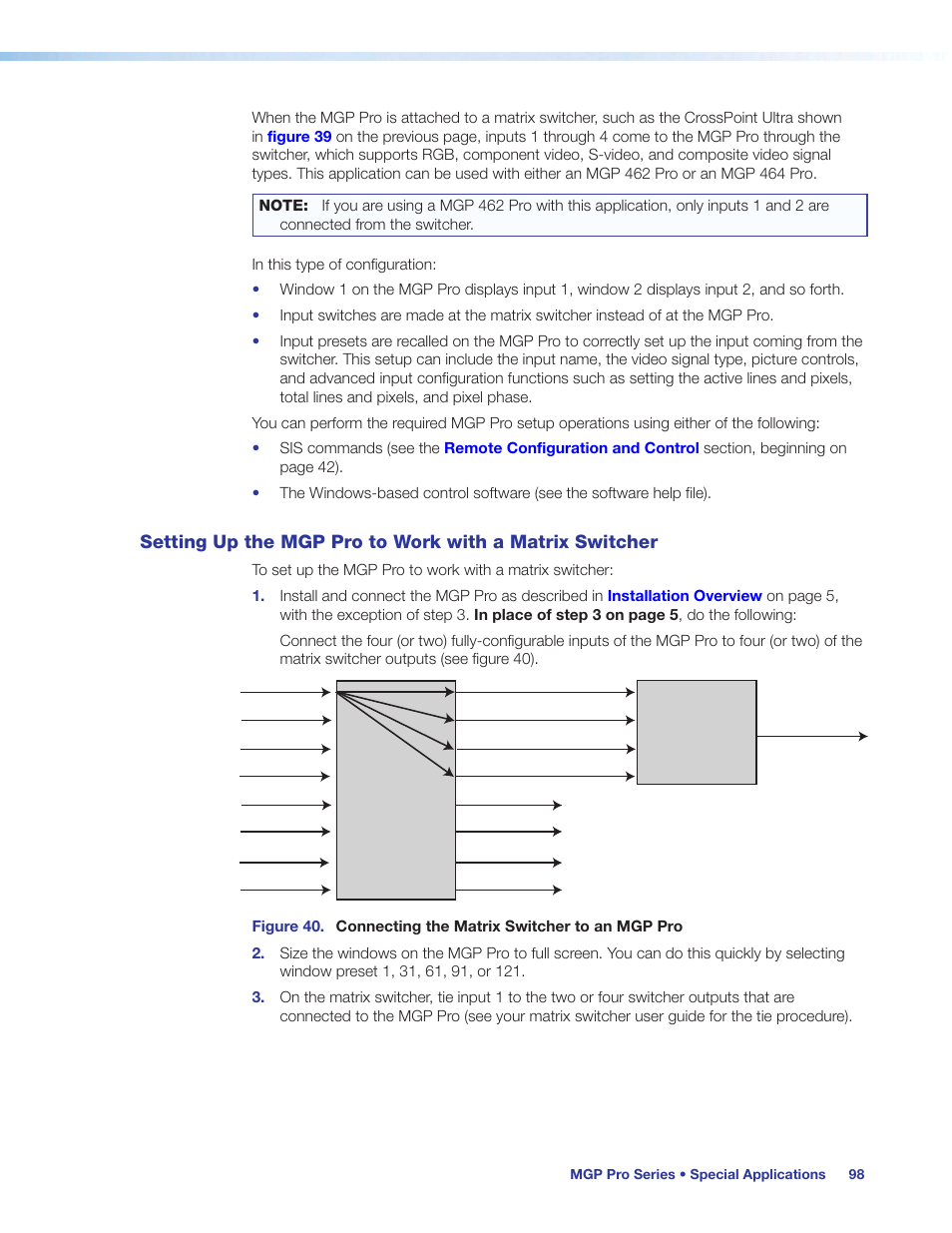 Setting up the mgp pro to work with a, Matrix switcher | Extron Electronics MGP Pro Series User Guide User Manual | Page 104 / 123