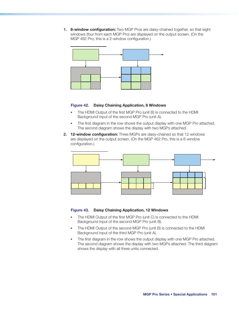 Figure 42. daisy chaining application, 8 windows, Figure 43. daisy chaining application, 12 windows, Mgp pro series • special applications 101 | Extron Electronics MGP Pro Series User Guide User Manual | Page 107 / 123