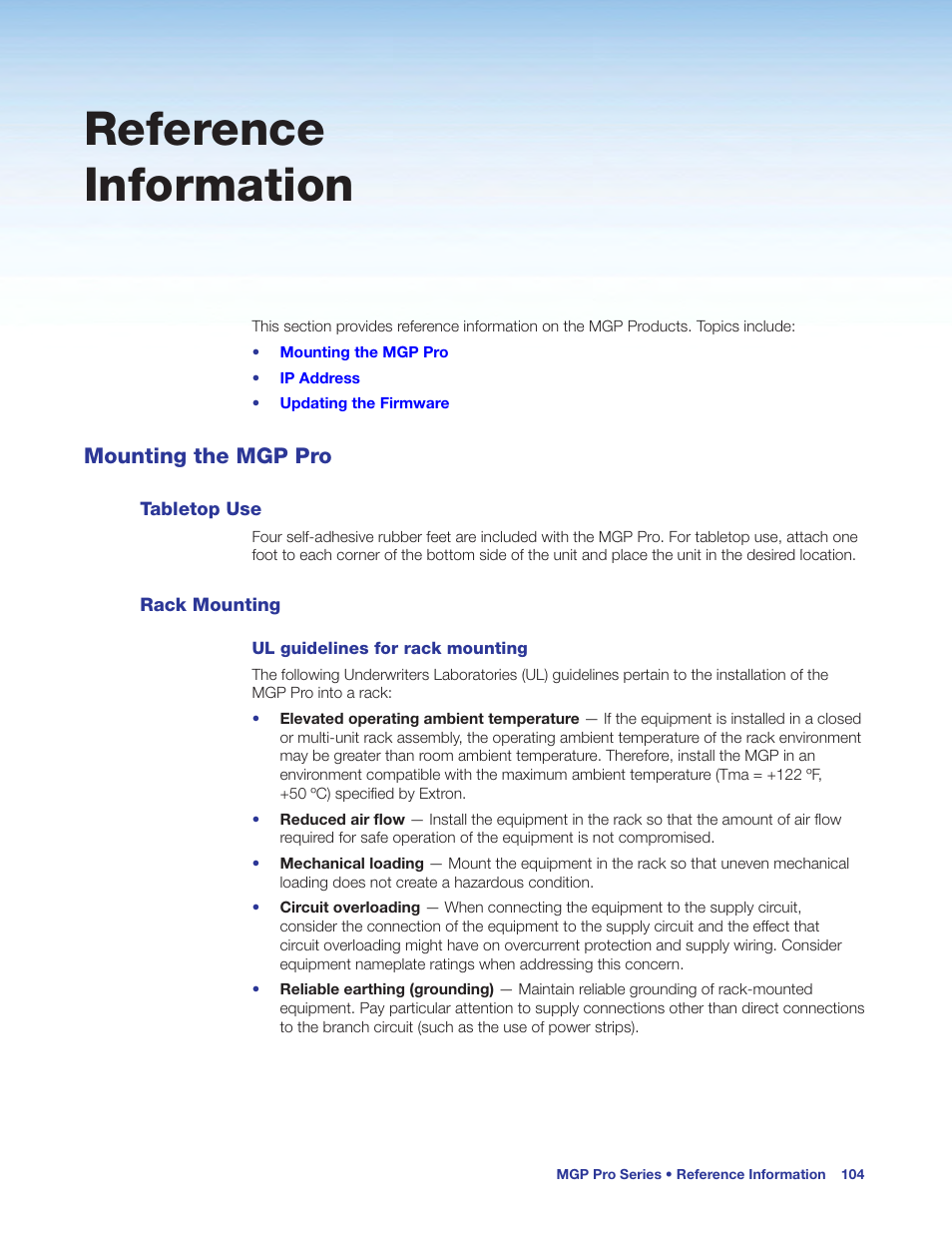 Reference information, Mounting the mgp pro, Tabletop use | Rack mounting, Tabletop use rack mounting, Supplied rack mounting brackets (see | Extron Electronics MGP Pro Series User Guide User Manual | Page 110 / 123