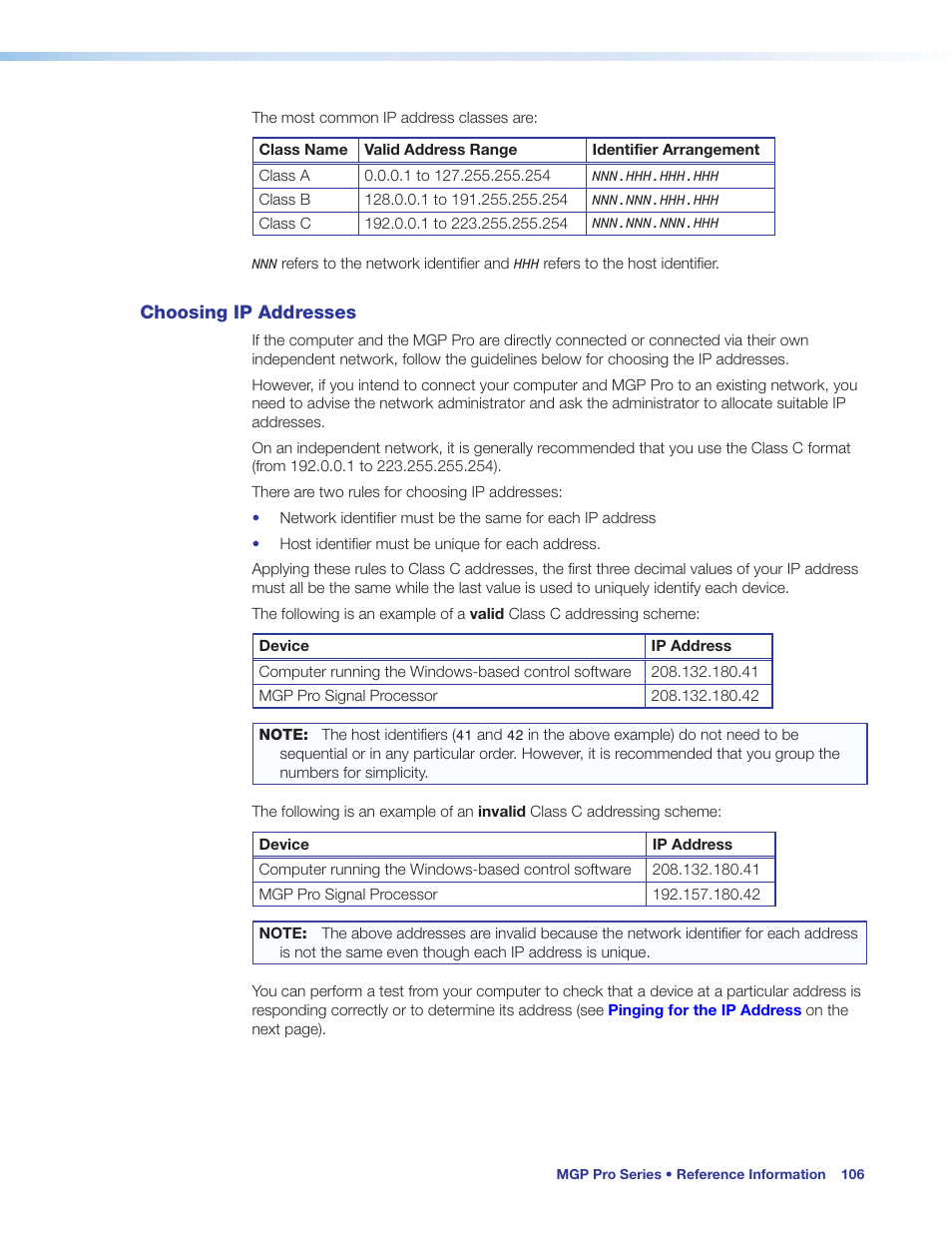 Choosing ip addresses | Extron Electronics MGP Pro Series User Guide User Manual | Page 112 / 123