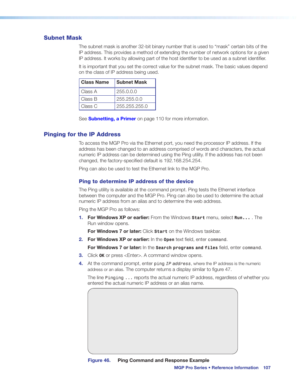 Subnet mask, Pinging for the ip address, Subnet mask pinging for the ip address | Extron Electronics MGP Pro Series User Guide User Manual | Page 113 / 123