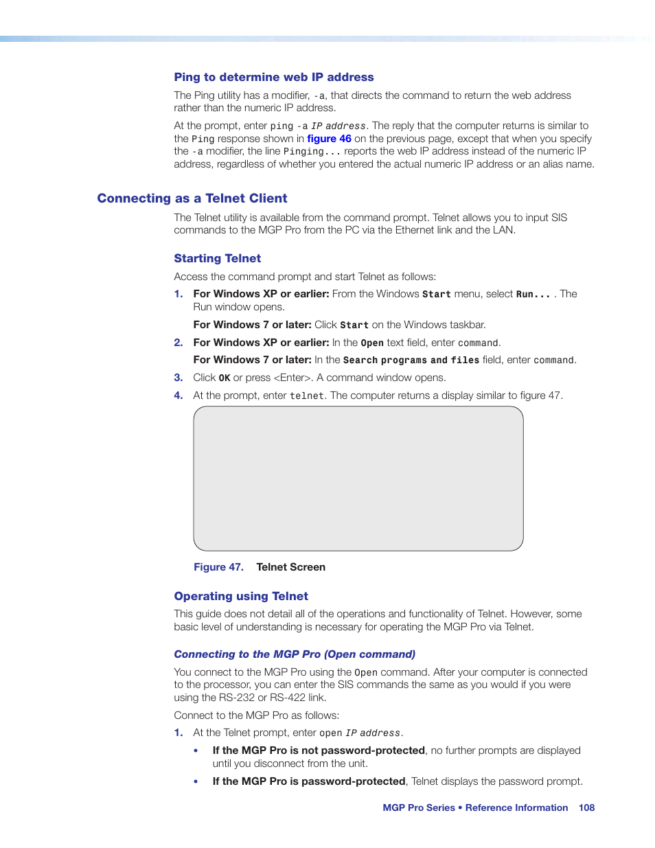 Connecting as a telnet client, Elnet, see, Connecting as a telnet | Client | Extron Electronics MGP Pro Series User Guide User Manual | Page 114 / 123