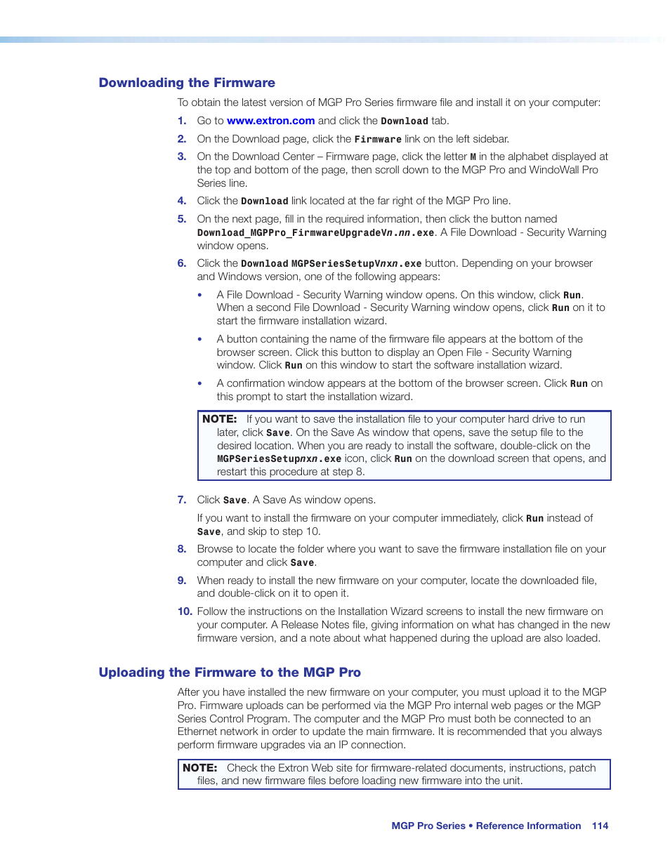 Downloading the firmware, Uploading the firmware to the mgp pro | Extron Electronics MGP Pro Series User Guide User Manual | Page 120 / 123
