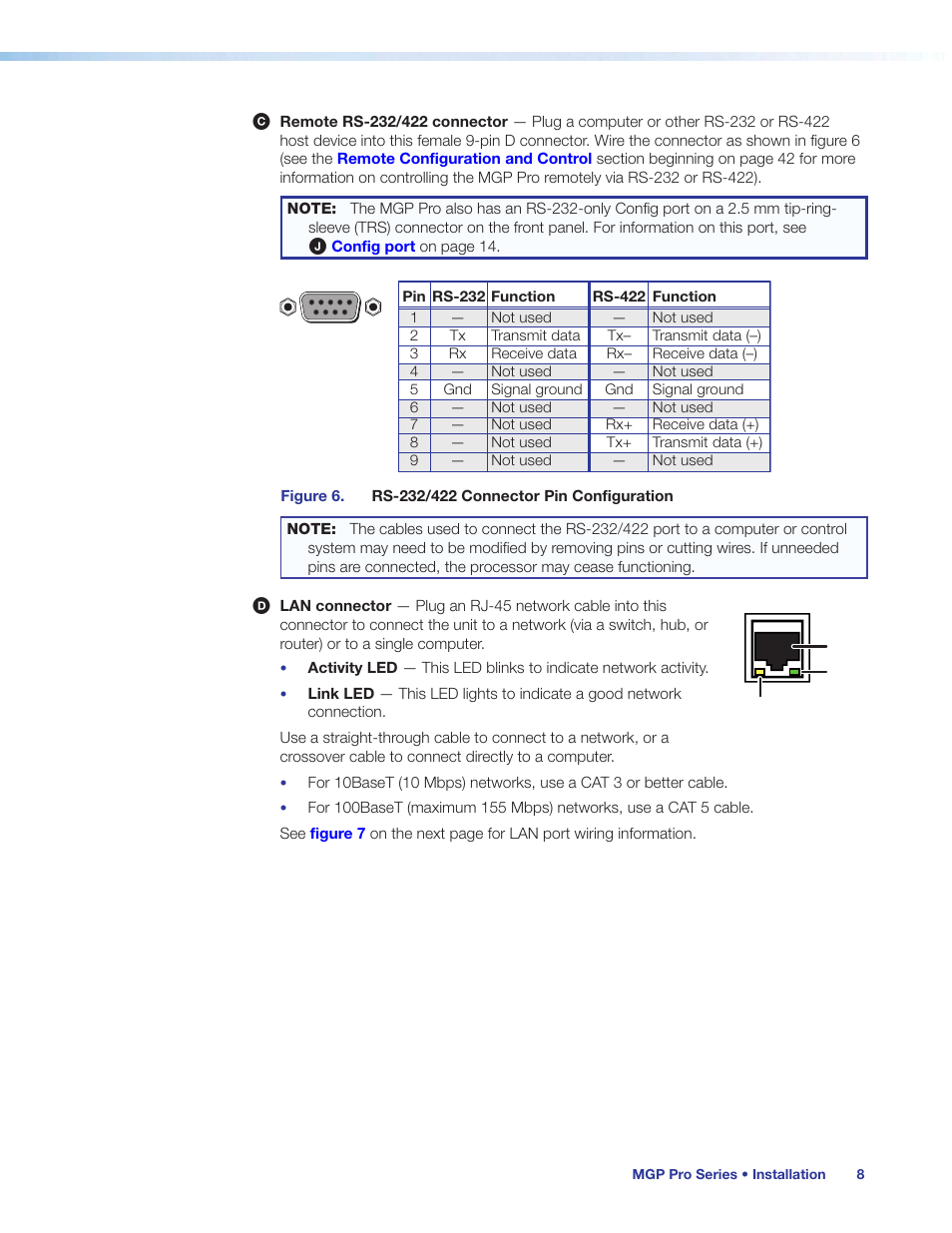 Rs-232/422 connector, Lan connector, Remote rs-232/422 connector | Extron Electronics MGP Pro Series User Guide User Manual | Page 14 / 123