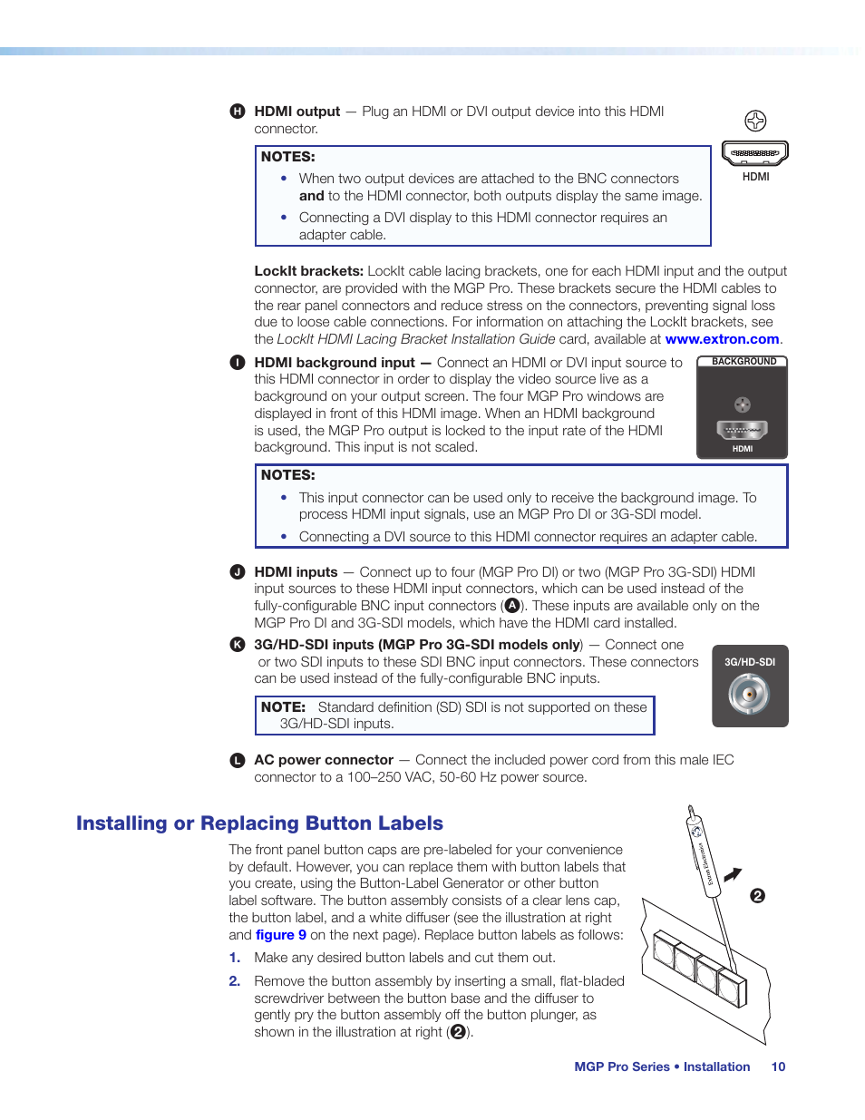 Installing or replacing button labels, Hdmi output, Hdmi background input | Hdmi inputs, 3g/hd-sdi inputs, Ac power connector | Extron Electronics MGP Pro Series User Guide User Manual | Page 16 / 123