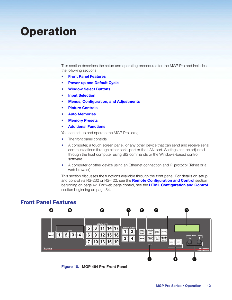 Operation, Front panel features | Extron Electronics MGP Pro Series User Guide User Manual | Page 18 / 123