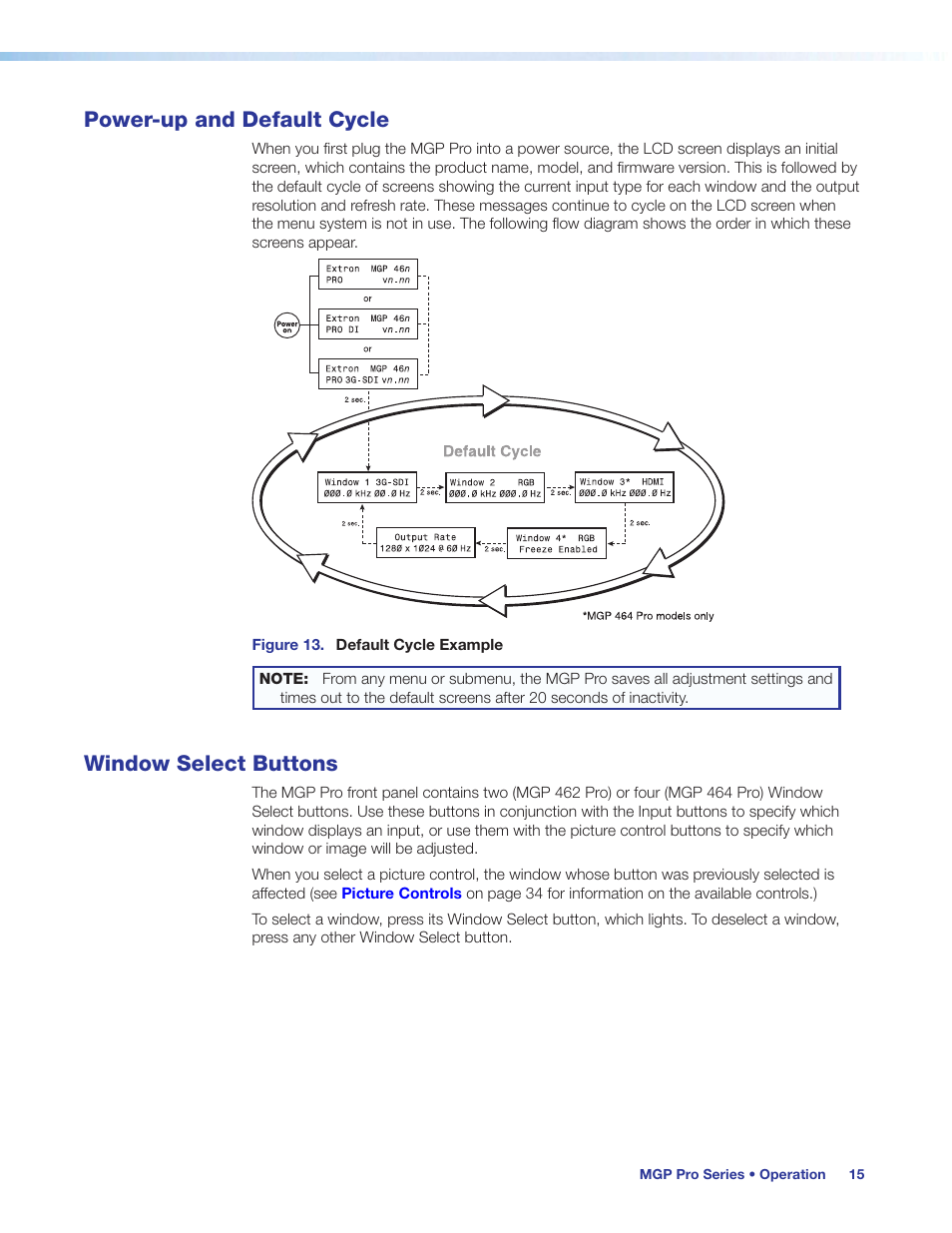 Power-up and default cycle, Window select buttons, Power-up and default cycle window select buttons | Extron Electronics MGP Pro Series User Guide User Manual | Page 21 / 123