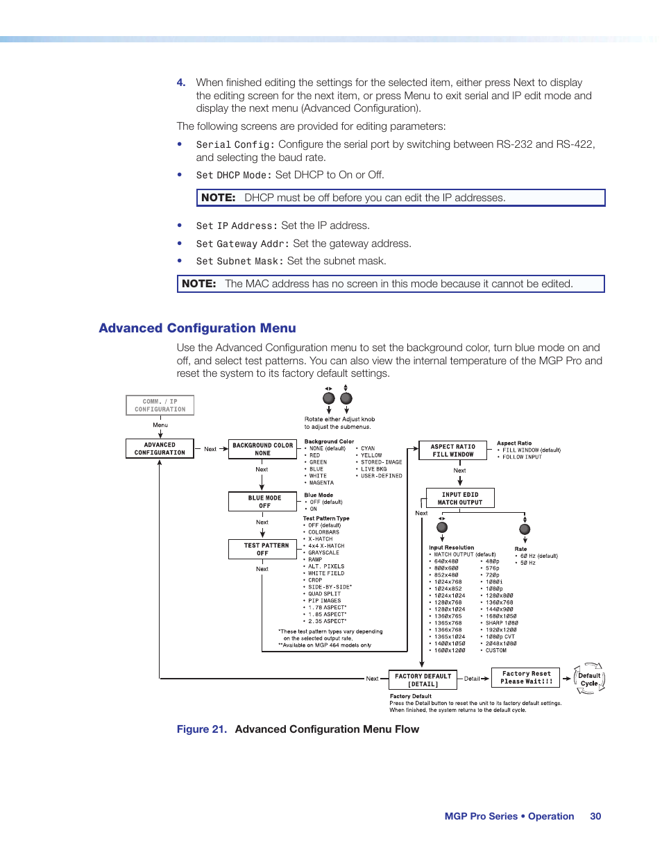 Advanced configuration menu | Extron Electronics MGP Pro Series User Guide User Manual | Page 36 / 123