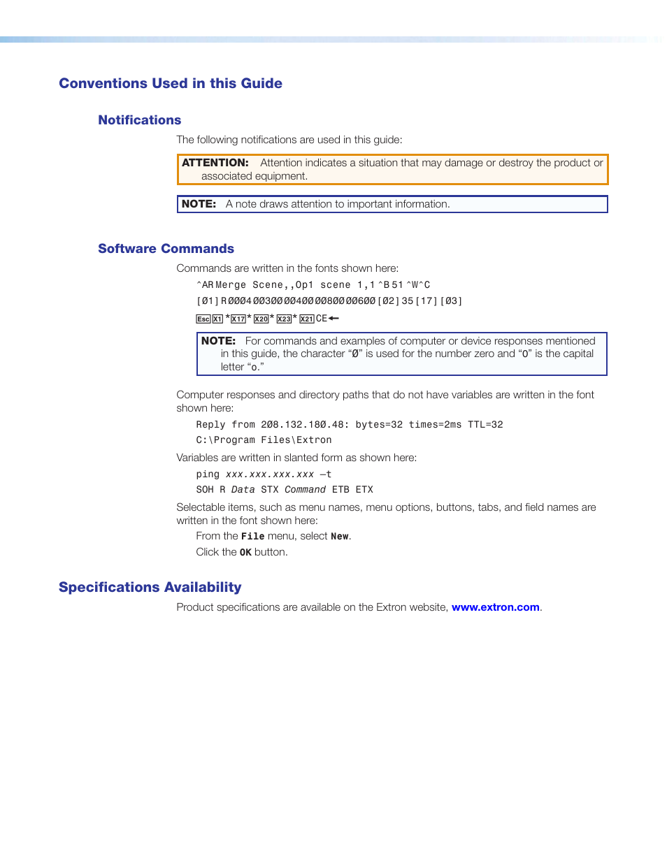 Conventions used in this guide, Notifications, Software commands | Specifications availability | Extron Electronics MGP Pro Series User Guide User Manual | Page 4 / 123