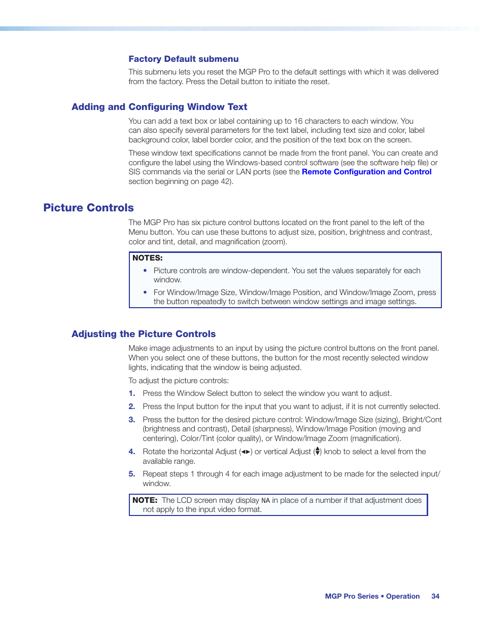 Adding and configuring window text, Picture controls, Adjusting the picture controls | Extron Electronics MGP Pro Series User Guide User Manual | Page 40 / 123