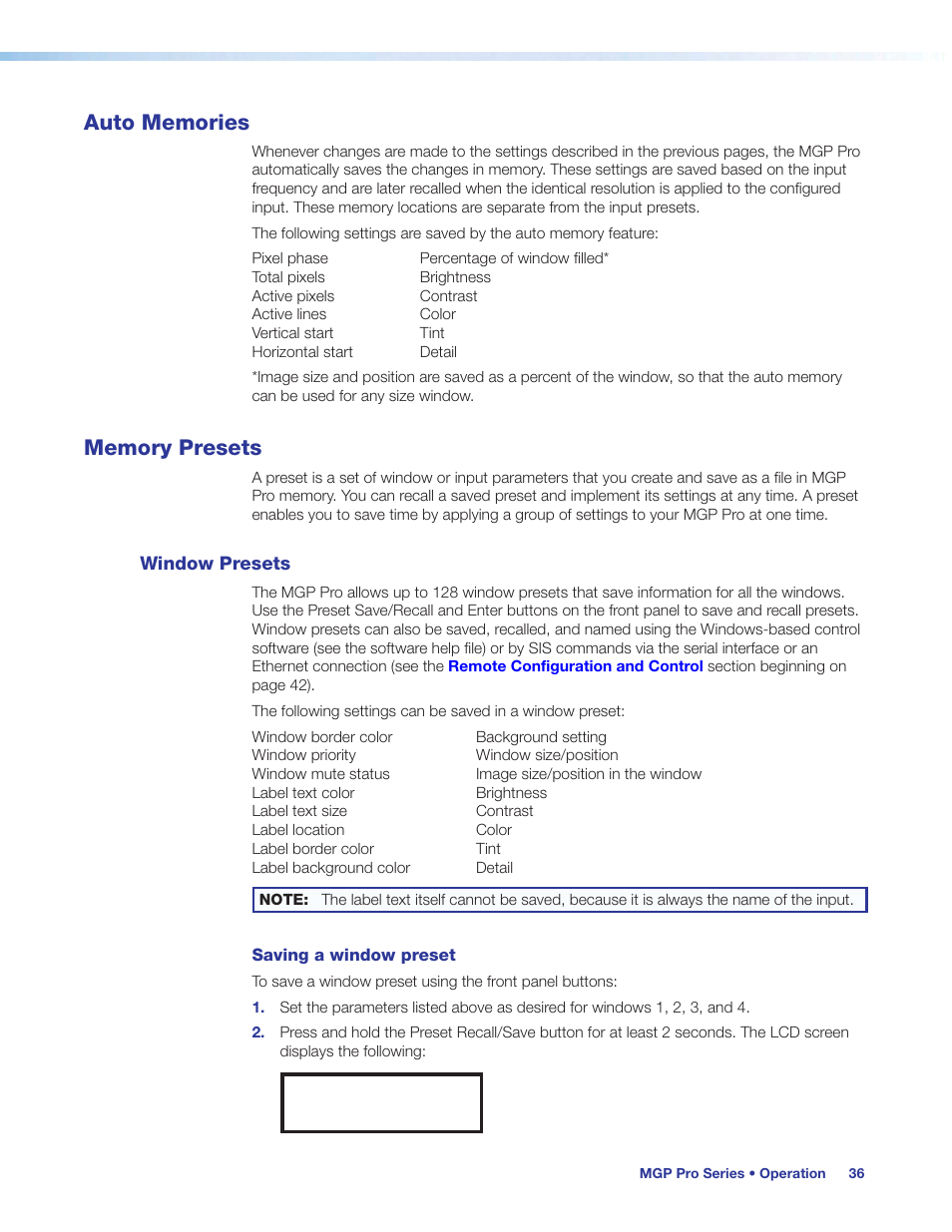 Auto memories, Memory presets, Window presets | Auto memories memory presets | Extron Electronics MGP Pro Series User Guide User Manual | Page 42 / 123