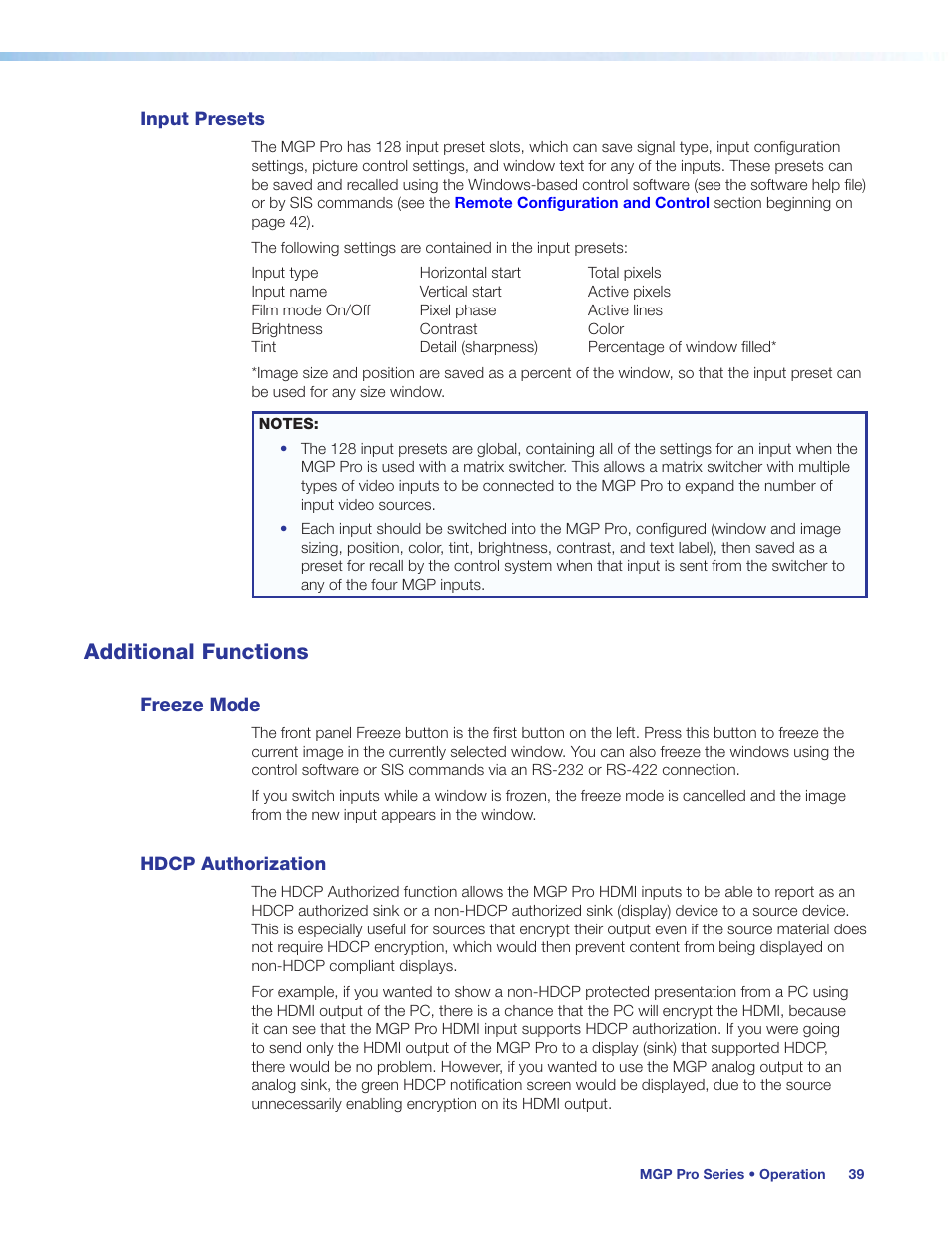 Input presets, Additional functions, Freeze mode | Hdcp authorization, Freeze mode hdcp authorization | Extron Electronics MGP Pro Series User Guide User Manual | Page 45 / 123