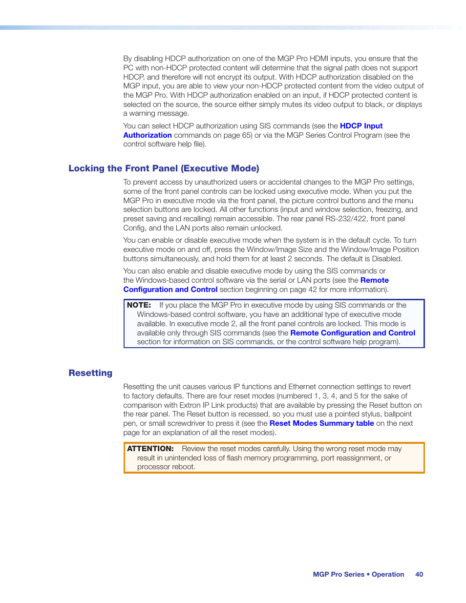 Locking the front panel (executive mode), Resetting, Locking the front panel (executive mode) resetting | For details) | Extron Electronics MGP Pro Series User Guide User Manual | Page 46 / 123