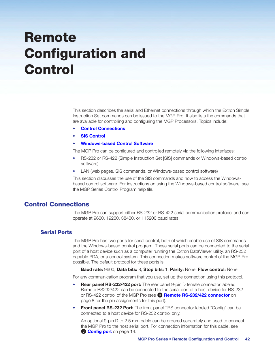Remote configuration and control, Control connections, Serial ports | Remote, Configuration and control | Extron Electronics MGP Pro Series User Guide User Manual | Page 48 / 123