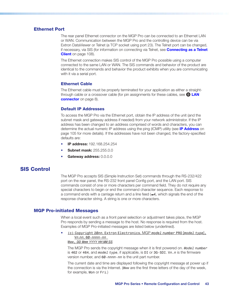 Ethernet port, Sis control, Mgp pro-initiated messages | Extron Electronics MGP Pro Series User Guide User Manual | Page 49 / 123