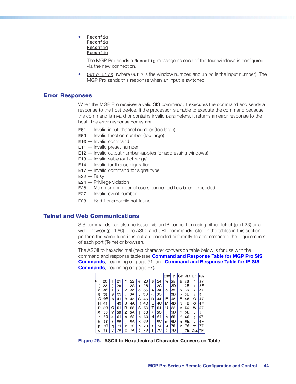 Error responses, Telnet and web communications, Error responses telnet and web communications | Extron Electronics MGP Pro Series User Guide User Manual | Page 50 / 123