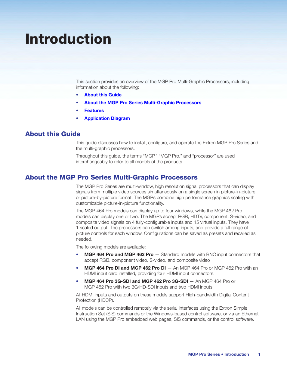 Introduction, About this guide, About the mgp pro series multi-graphic processors | Processors | Extron Electronics MGP Pro Series User Guide User Manual | Page 7 / 123