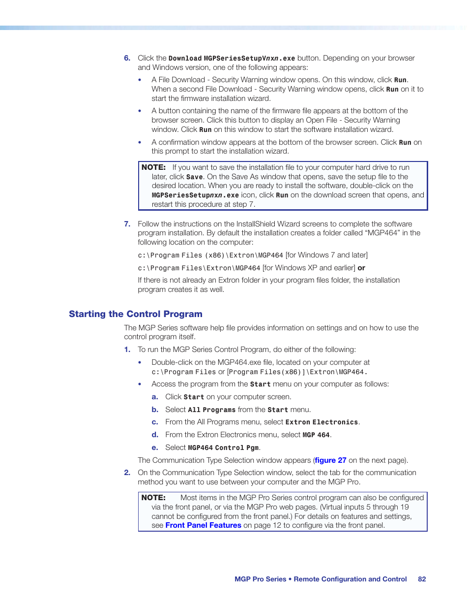 Starting the control program | Extron Electronics MGP Pro Series User Guide User Manual | Page 88 / 123