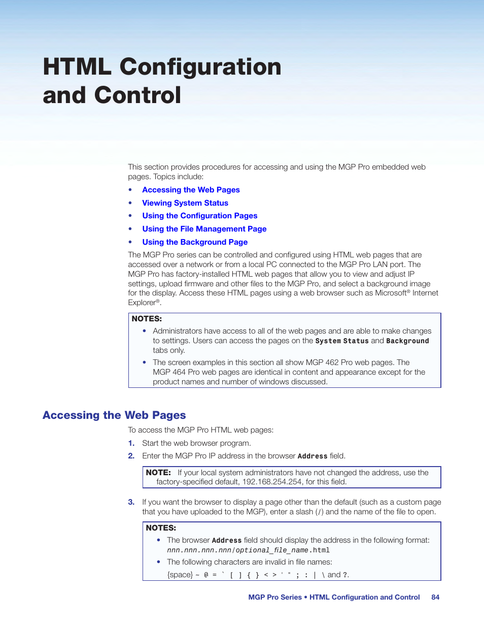 Html configuration and control, Accessing the web pages | Extron Electronics MGP Pro Series User Guide User Manual | Page 90 / 123