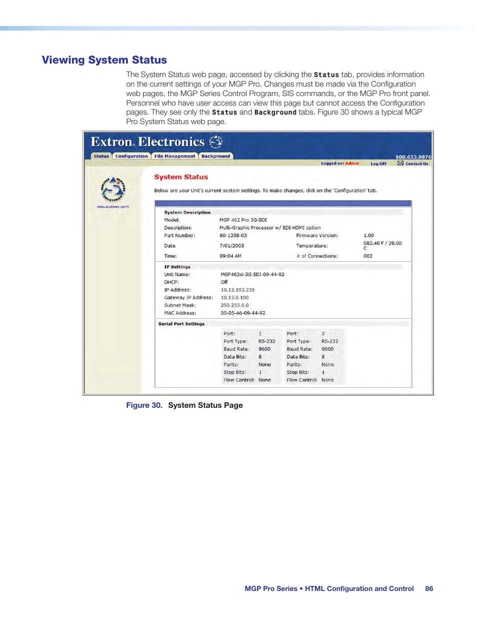 Viewing system status | Extron Electronics MGP Pro Series User Guide User Manual | Page 92 / 123