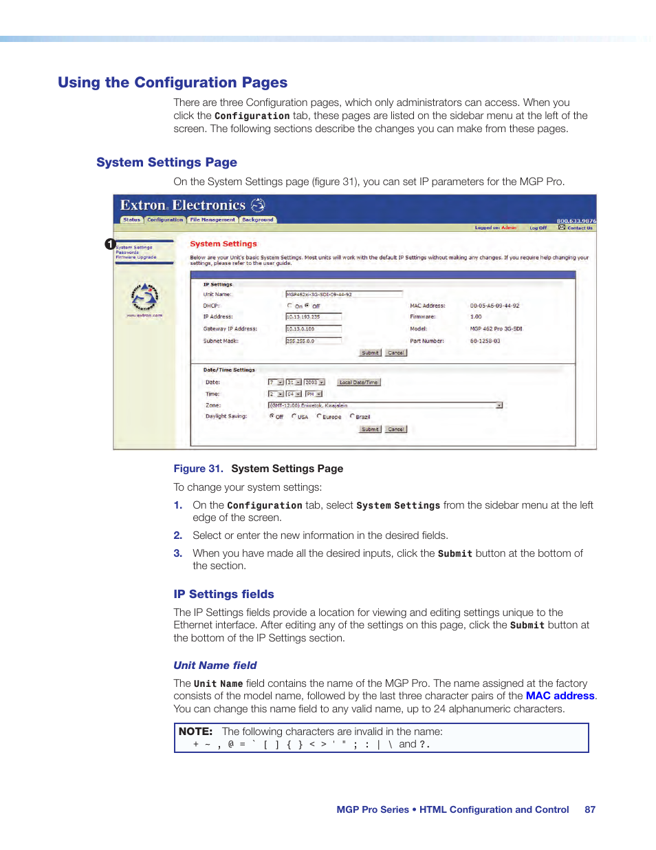 Using the configuration pages | Extron Electronics MGP Pro Series User Guide User Manual | Page 93 / 123