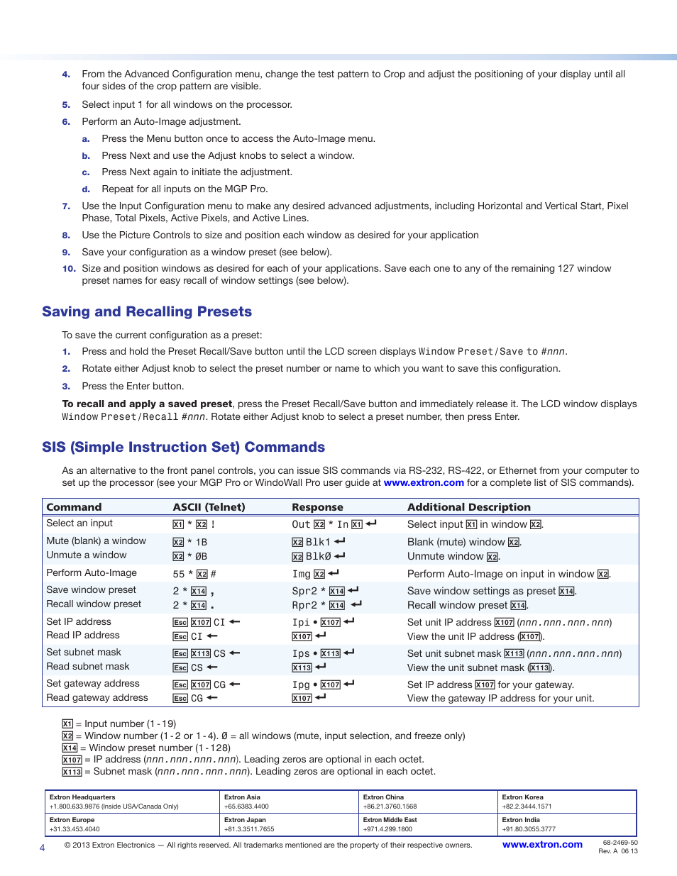 Saving and recalling presets, Sis (simple instruction set) commands | Extron Electronics MGP Pro and WindoWall Pro Series Setup Guide User Manual | Page 4 / 4