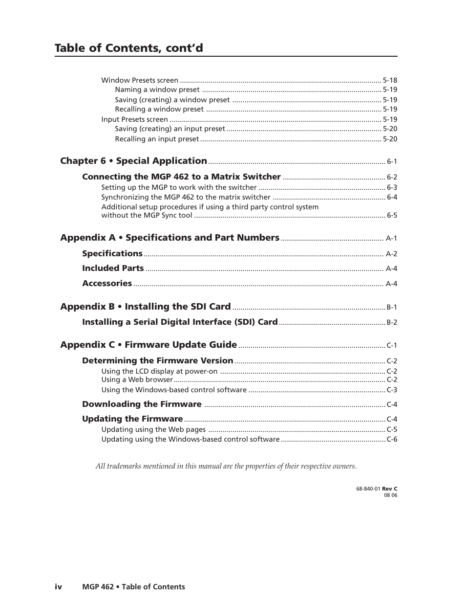 Table of contents, cont’d | Extron Electronics MGP 462D User Manual | Page 10 / 130
