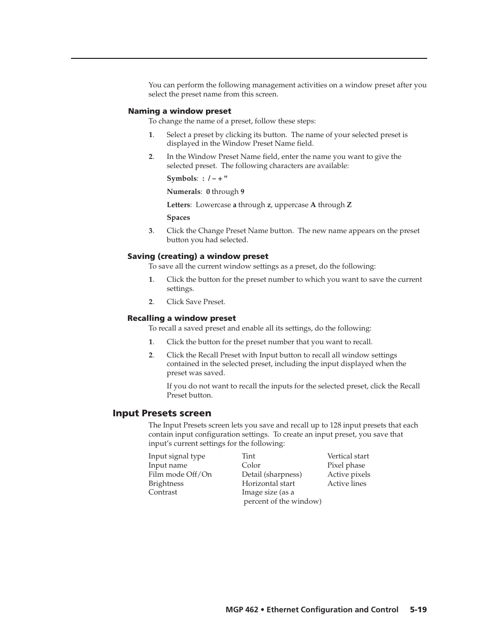 Input presets screen | Extron Electronics MGP 462D User Manual | Page 103 / 130