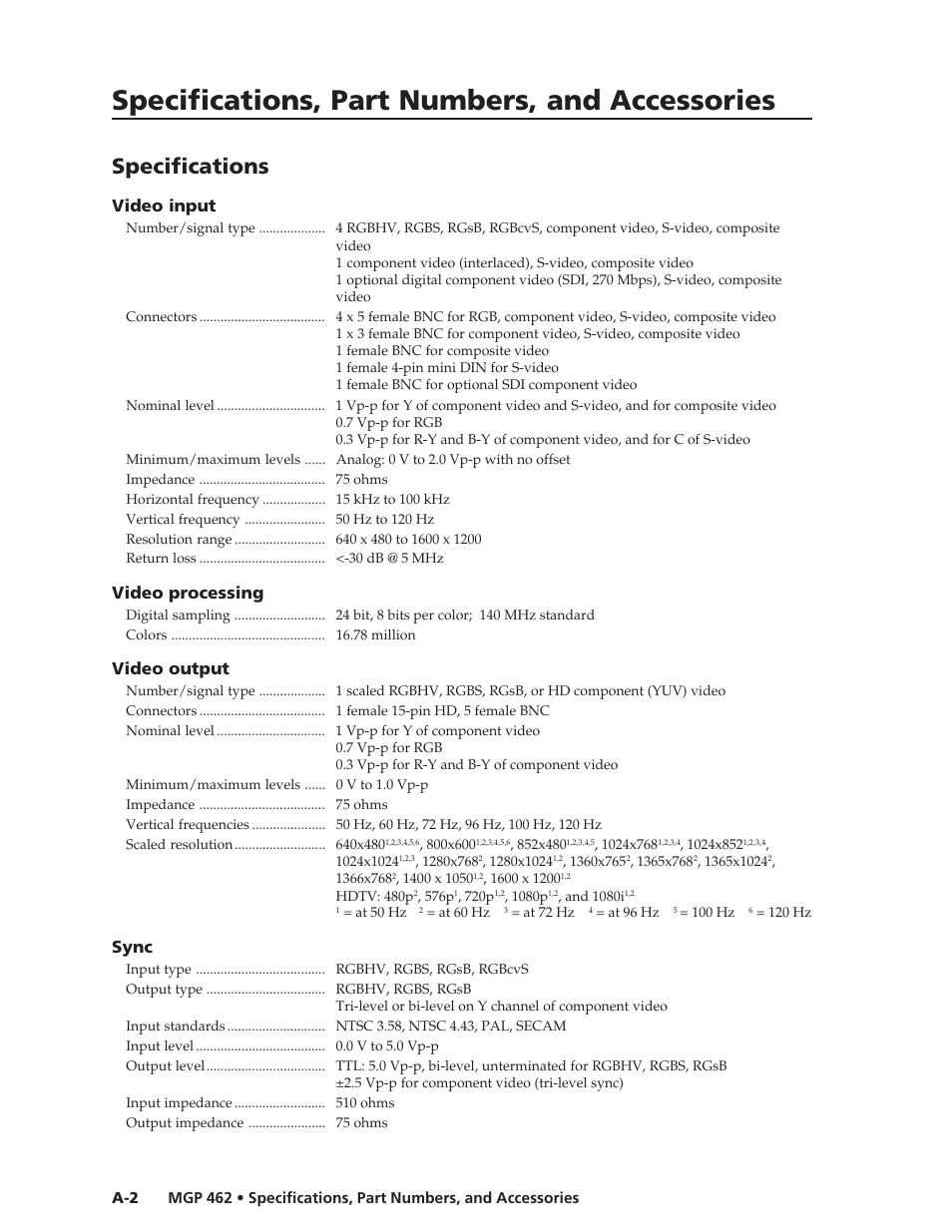 Specifications, part numbers, and accessories, Specifications, Video input | Video processing, Video output, Sync | Extron Electronics MGP 462D User Manual | Page 112 / 130