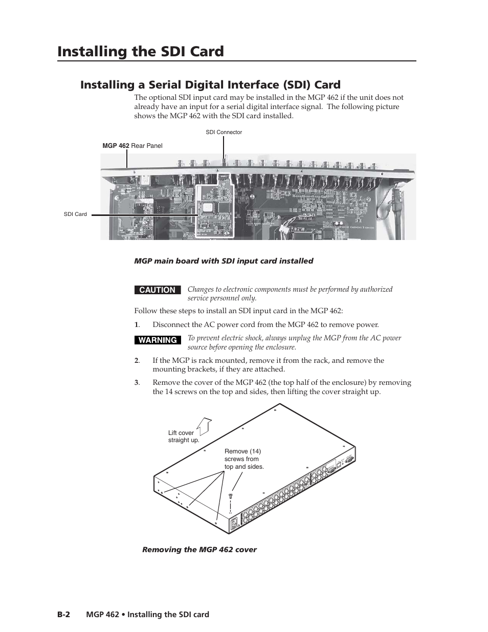 Installing the sdi card, Installing a serial digital interface (sdi) card, Mgp 462 • installing the sdi card b-2 | Caution | Extron Electronics MGP 462D User Manual | Page 116 / 130