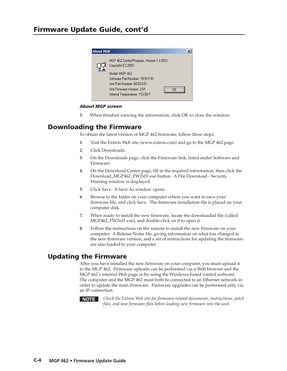 Firmware update guide, cont’d, Downloading the firmware, Updating the firmware | Extron Electronics MGP 462D User Manual | Page 124 / 130