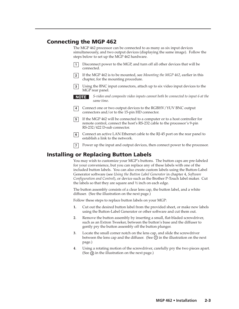 Connecting the mgp 462, Installing or replacing button labels | Extron Electronics MGP 462D User Manual | Page 17 / 130