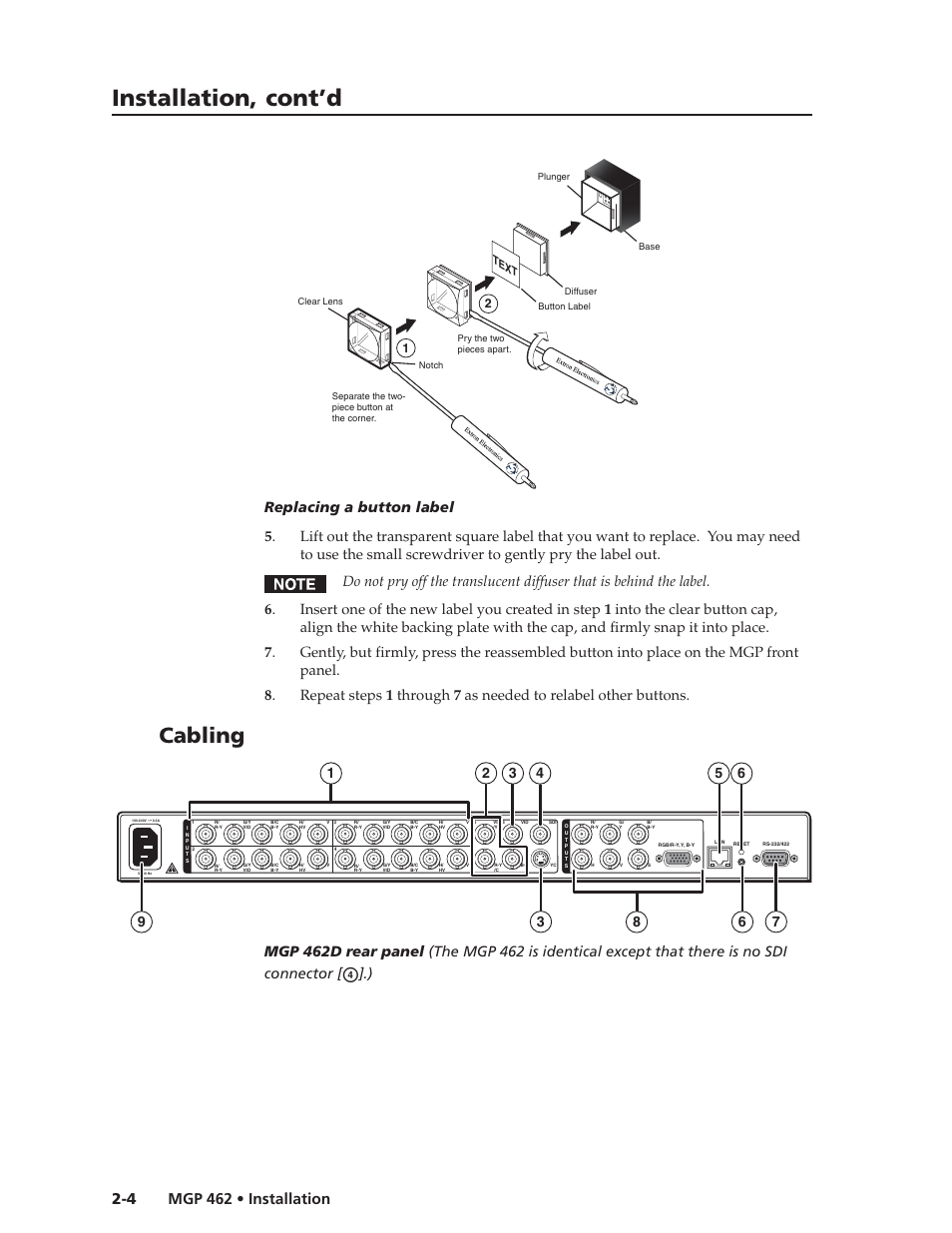 Installation, cont’d, Cabling | Extron Electronics MGP 462D User Manual | Page 18 / 130