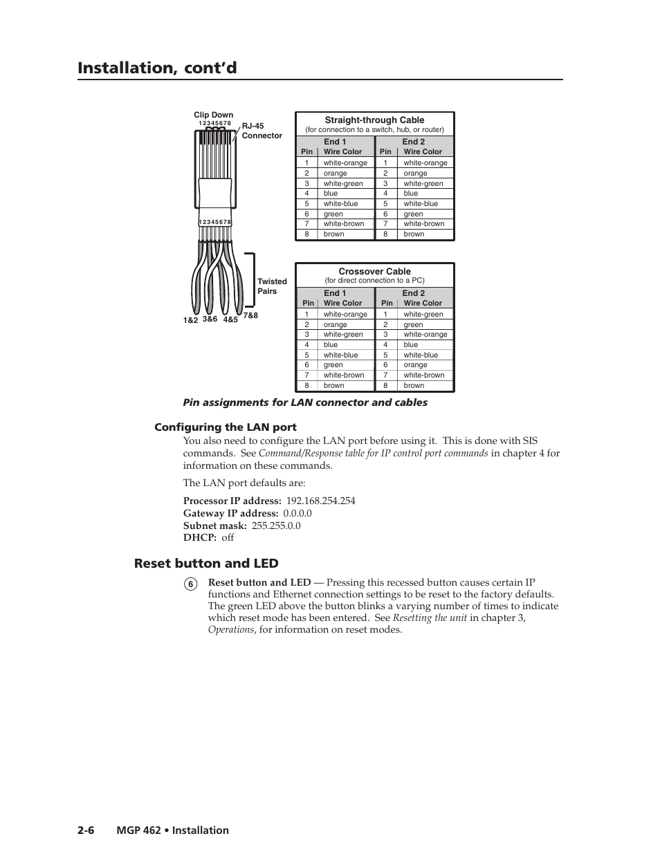 Installation, cont’d, Reset button and led, Configuring the lan port | Extron Electronics MGP 462D User Manual | Page 20 / 130