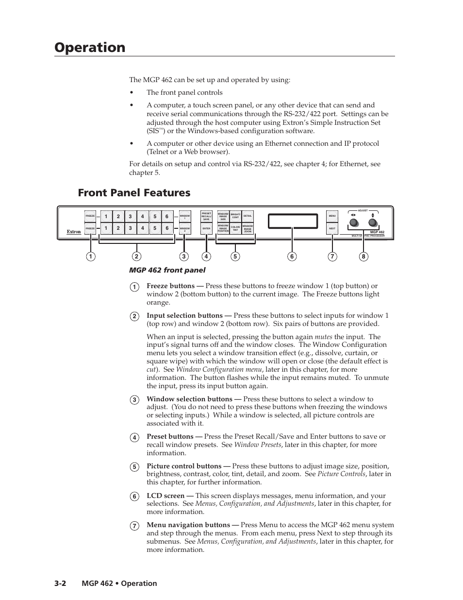 Operation, Operation, cont’d, Front panel features | Mgp 462 front panel | Extron Electronics MGP 462D User Manual | Page 24 / 130