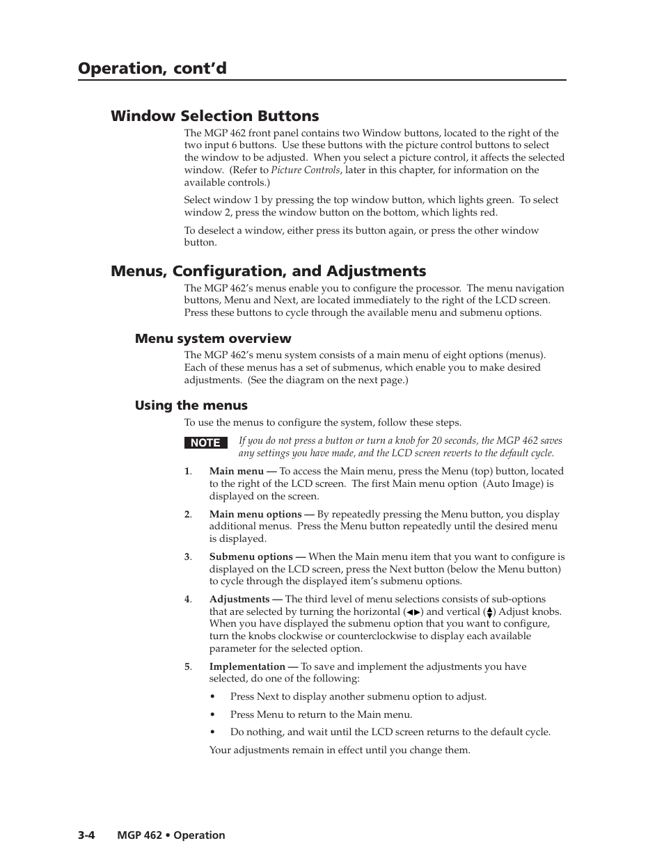 Operation, cont’d, Window selection buttons, Menus, configuration, and adjustments | Extron Electronics MGP 462D User Manual | Page 26 / 130