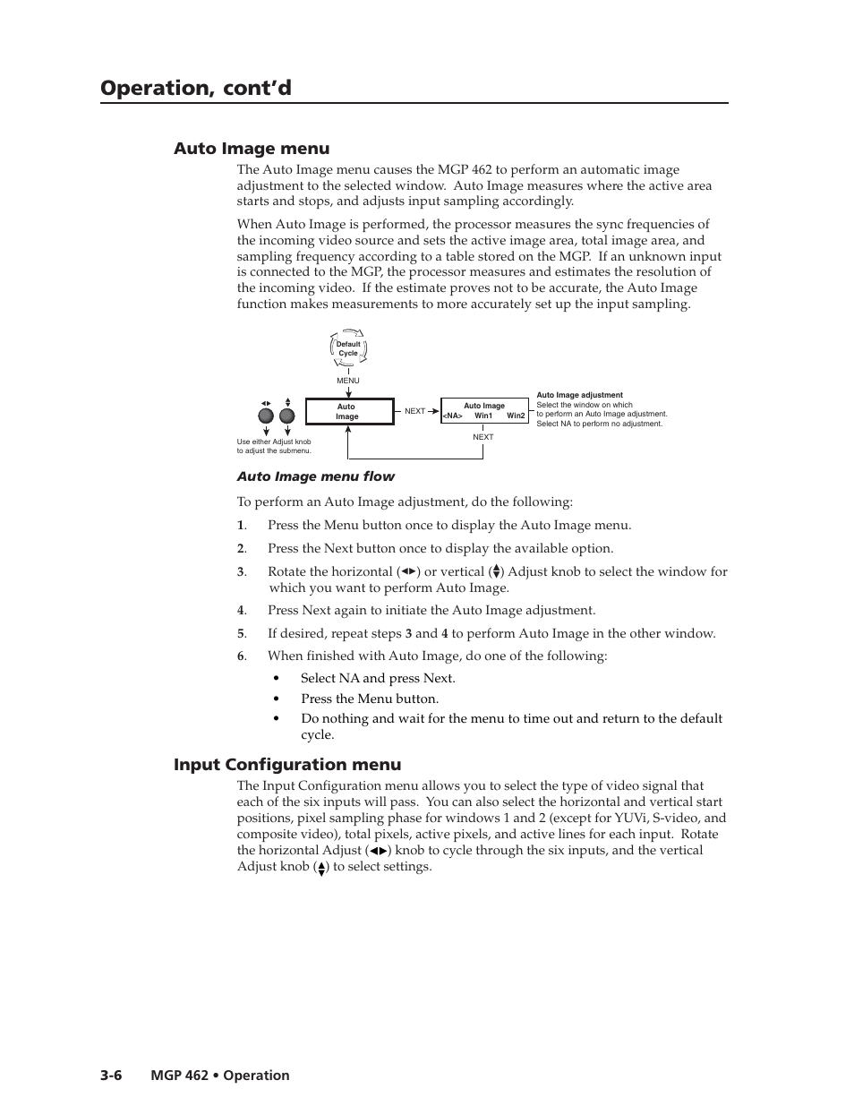 Operation, cont’d, Auto image menu, Input configuration menu | Extron Electronics MGP 462D User Manual | Page 28 / 130