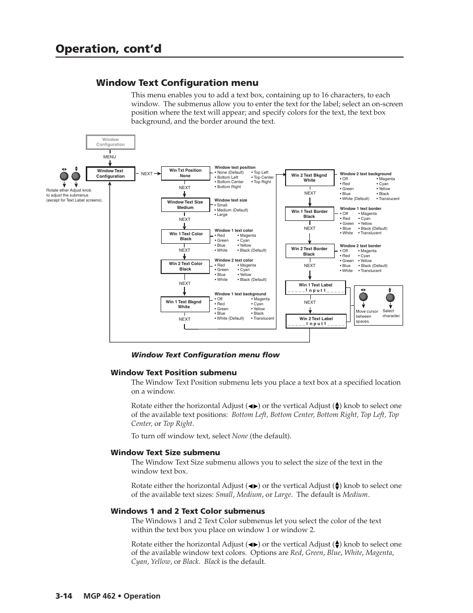 Operation, cont’d, Window text configuration menu, Window text position submenu | Window text size submenu, Windows 1 and 2 text color submenus | Extron Electronics MGP 462D User Manual | Page 36 / 130