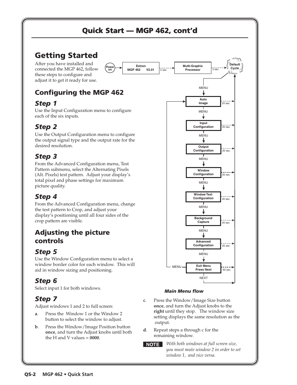 Getting started, Quick start — mgp 462, cont’d, Configuring the mgp 462 step 1 | Step 2, Step 3, Step 4, Adjusting the picture controls step 5, Step 6, Step 7 | Extron Electronics MGP 462D User Manual | Page 4 / 130