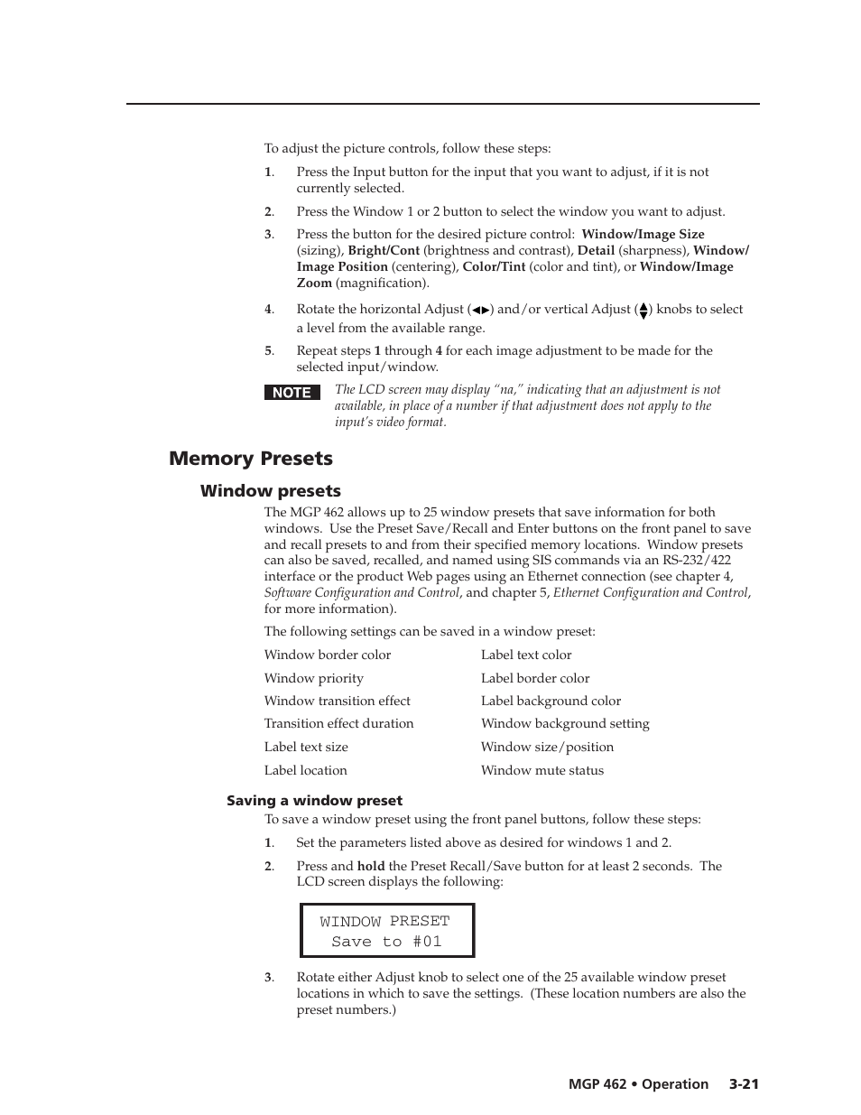 Window presets, Window preset save to #01 | Extron Electronics MGP 462D User Manual | Page 43 / 130
